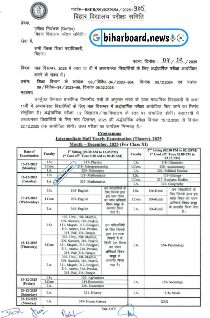 Bihar Board 11th Half Yearly Exam 2025