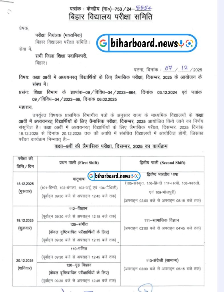 Bihar Board Class 9 Quarterly Exam Routine 2025