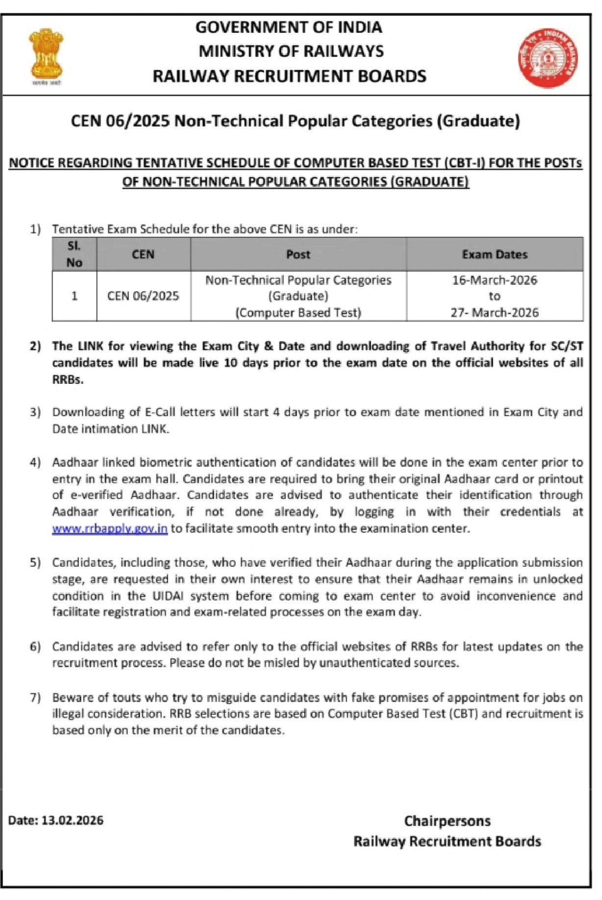 RRB NTPC Graduate Admit Card 2026