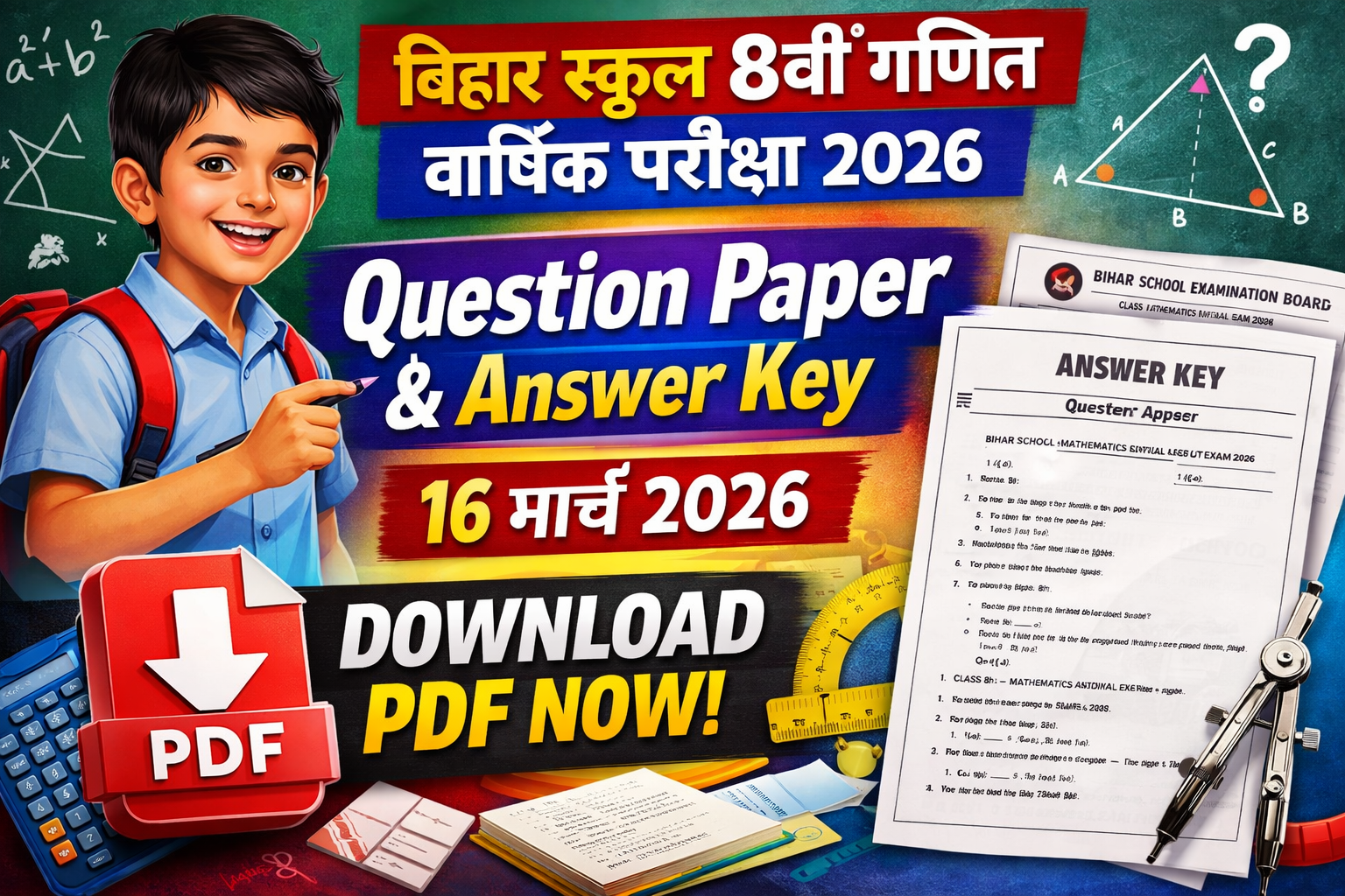Bihar Board Class 8 Math Annual Exam 2026 Question Paper with Answer Key