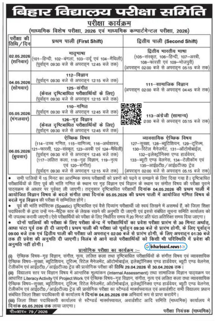 Bihar Board 10th Special & Compartmental Exam Routine 2026