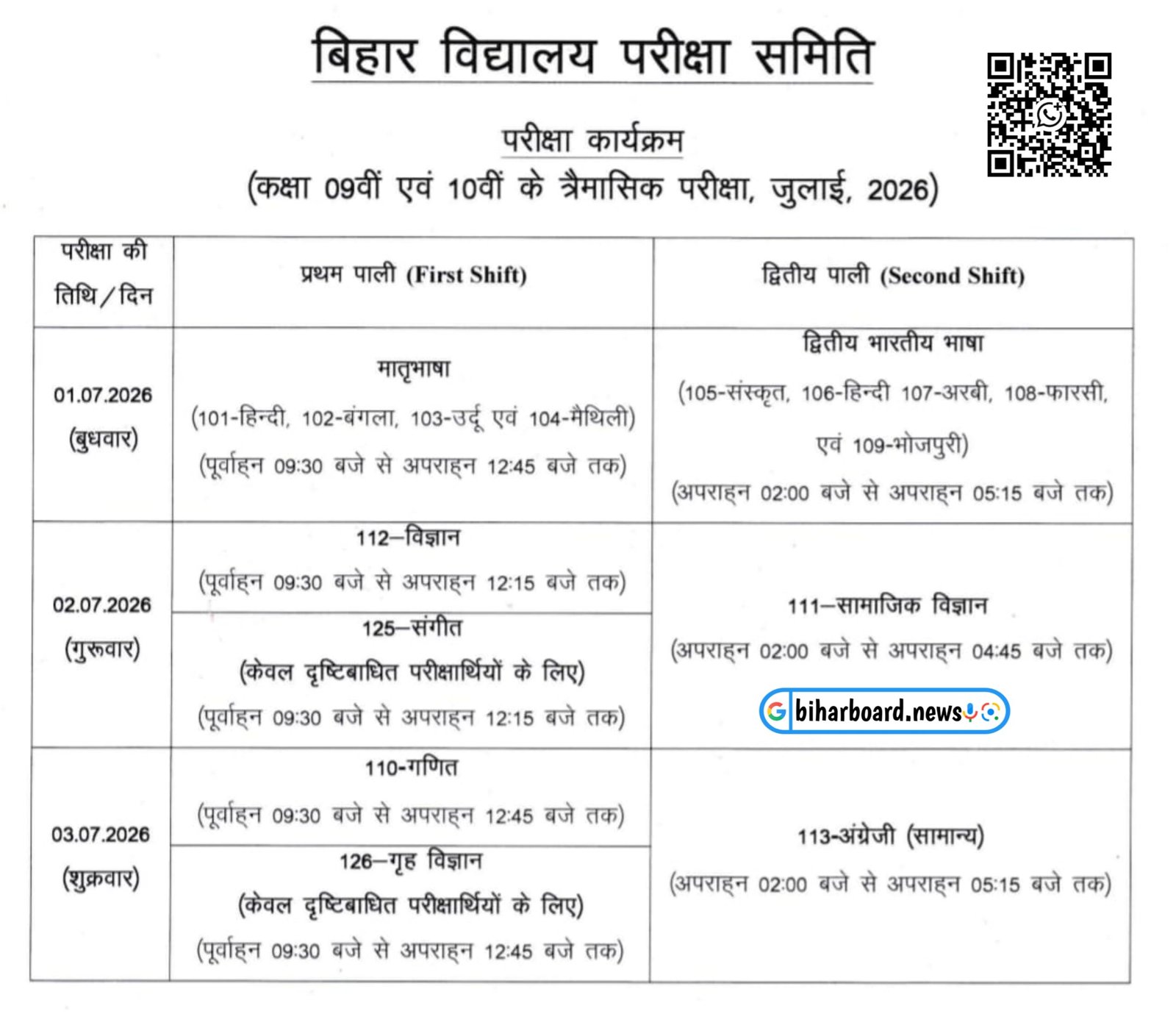 Bihar Board 9th 10th Quarterly Exam Routine 2026