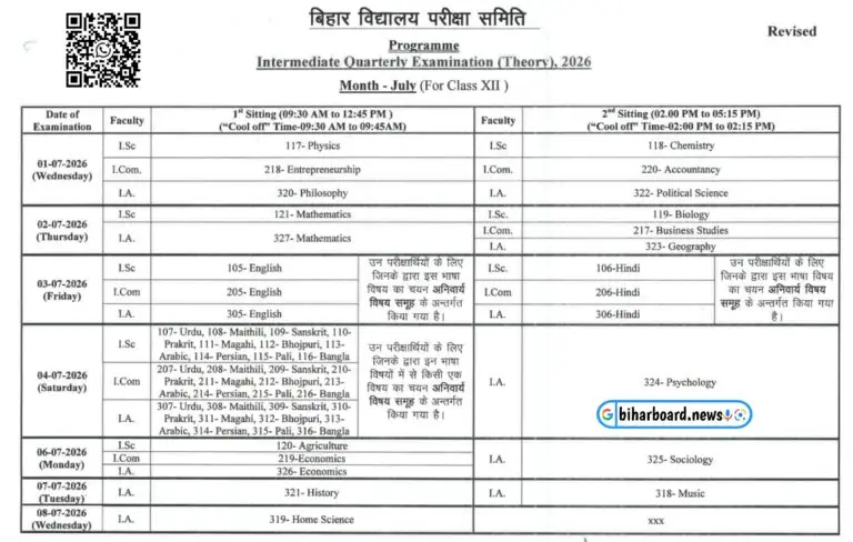 Bihar Board 12th Quarterly Exam Routine 2026