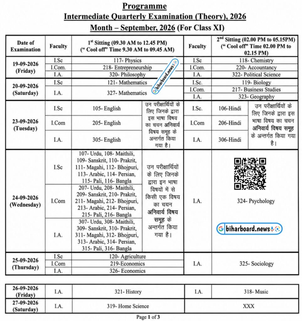 Bihar Board 11th Quarterly Exam Routine 2026