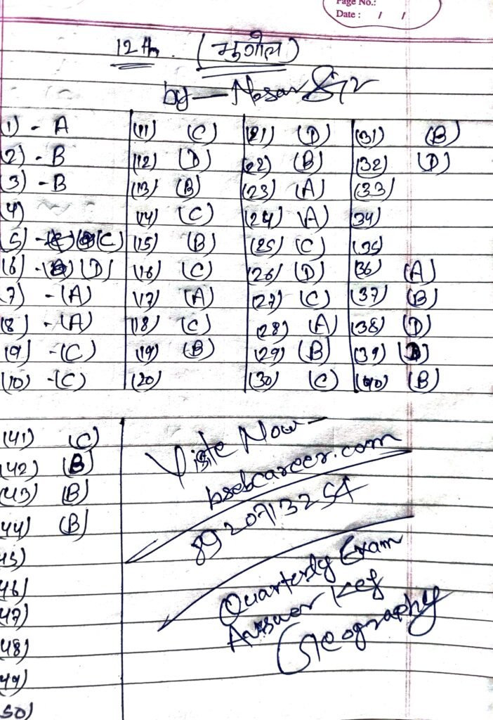 2 July BSEB 12th Geography Quarterly Exam Question paper 2026
