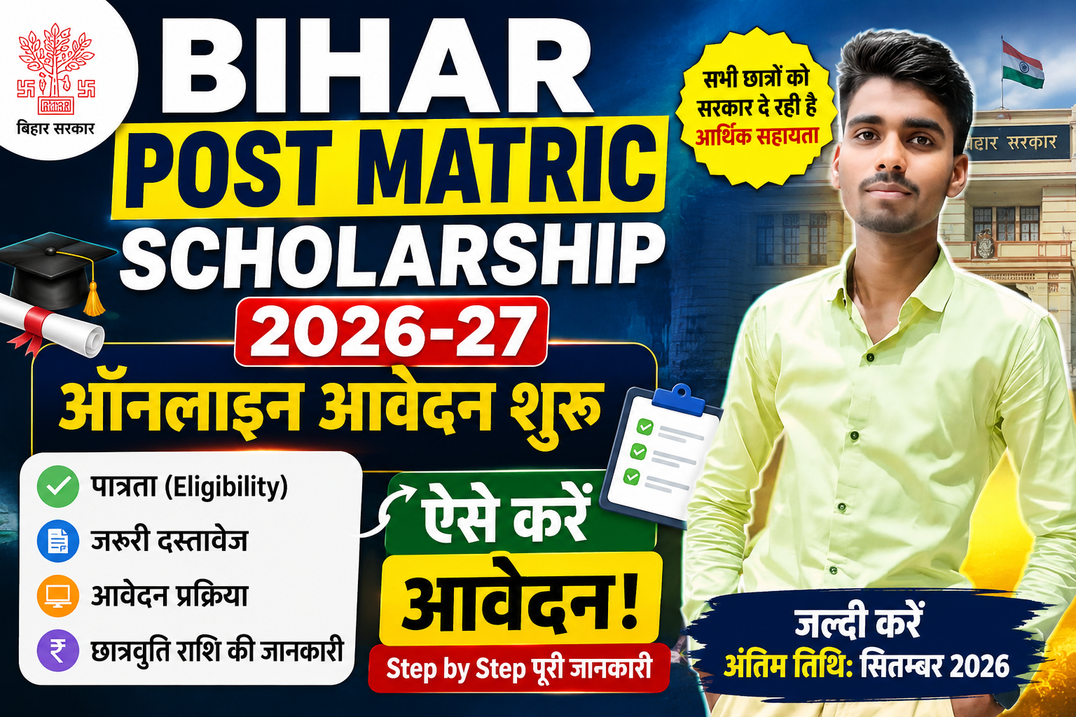 Bihar Post Matric Scholarship 2026-27: 15 जुलाई से शुरू होंगे आवेदन, जानें पात्रता, जरूरी दस्तावेज, आवेदन प्रक्रिया और पूरी जानकारी
