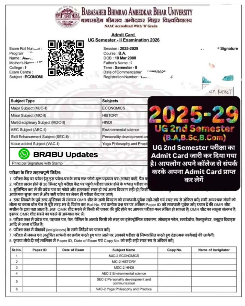BRABU UG 2nd Semester Admit Card 2026