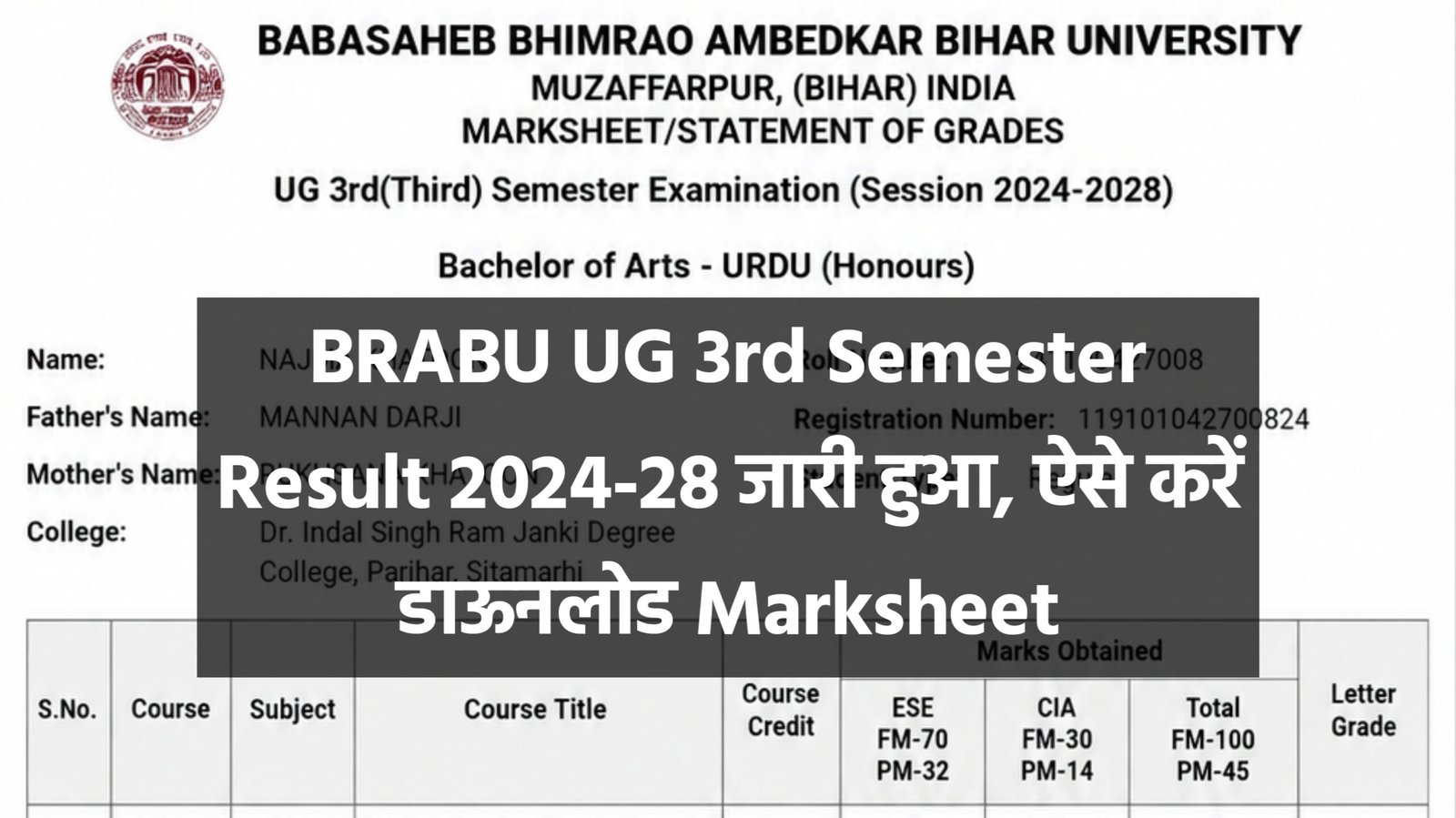 BRABU UG 3rd Semester Result 2024 28